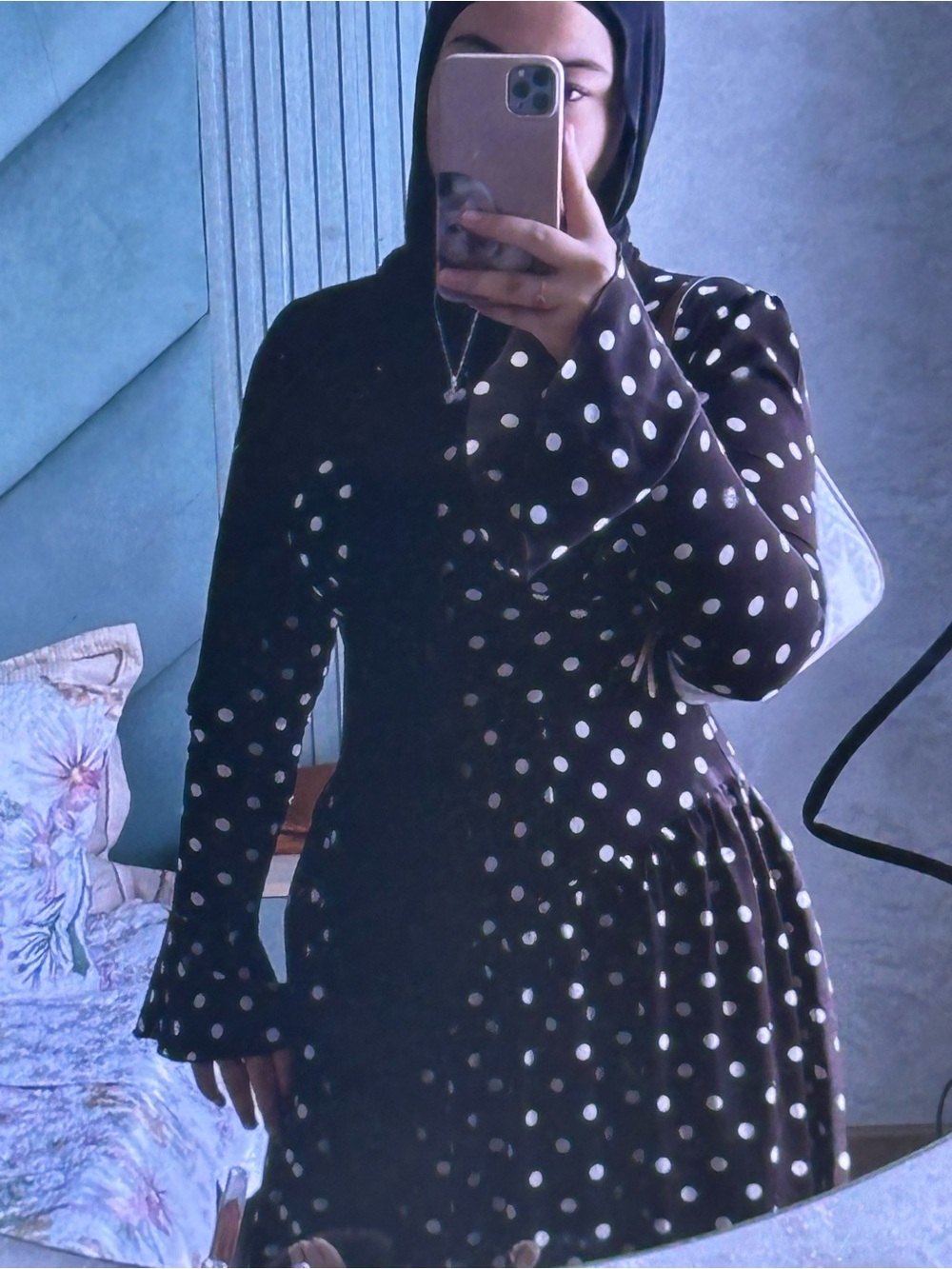 Polka Dot Long Sleeve A-Line Dress - Black/White
